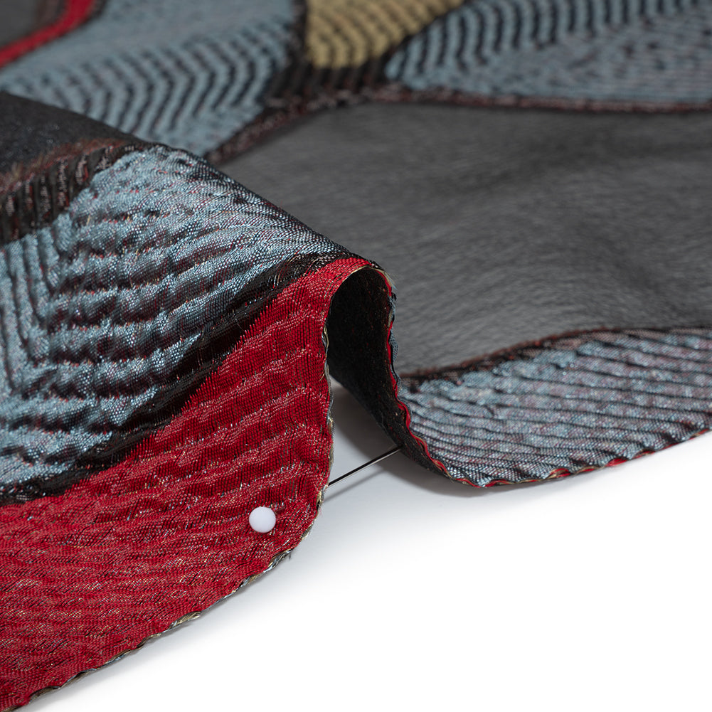 Metallic Rayon and Polyester Burnout Brocade - Tan, Red and Dusty Blue Soft Geometric Abstract Detail