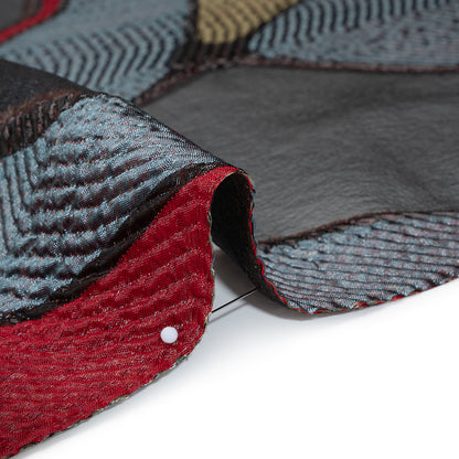 Metallic Rayon and Polyester Burnout Brocade - Tan, Red and Dusty Blue Soft Geometric Abstract Detail