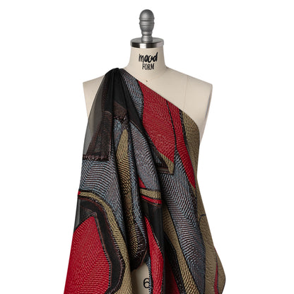 Metallic Rayon and Polyester Burnout Brocade - Tan, Red and Dusty Blue Soft Geometric Abstract Drape