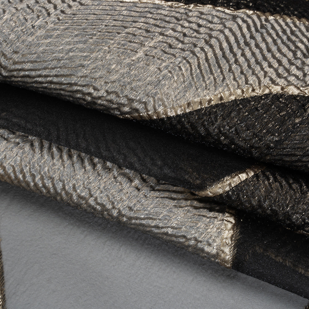 Metallic Rayon and Polyester Burnout Brocade - Gold, Gray and Black Soft Geometric Abstract - Folded