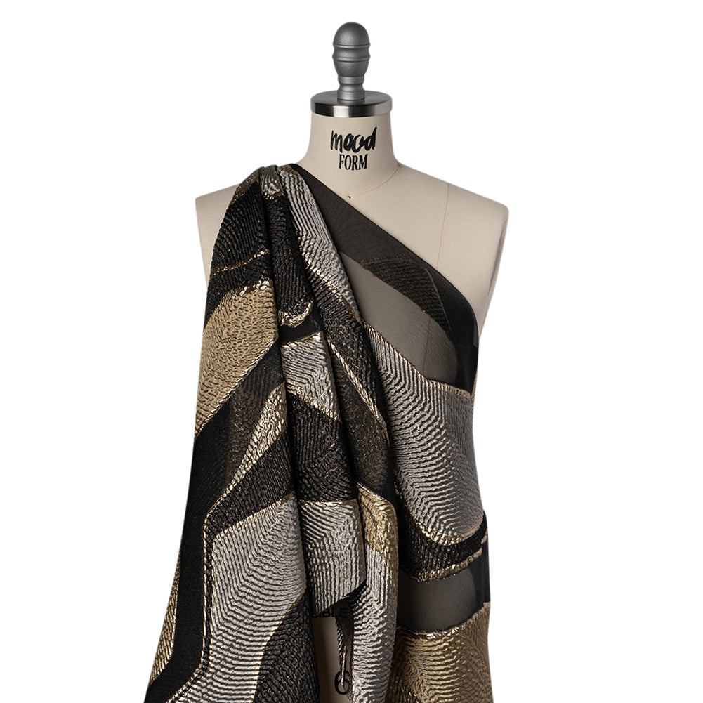 Metallic Rayon and Polyester Burnout Brocade - Gold, Gray and Black Soft Geometric Abstract - Drape