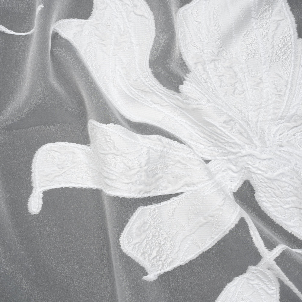 Metallic Polyester and Rayon Burnout Brocade - White Big Flowers