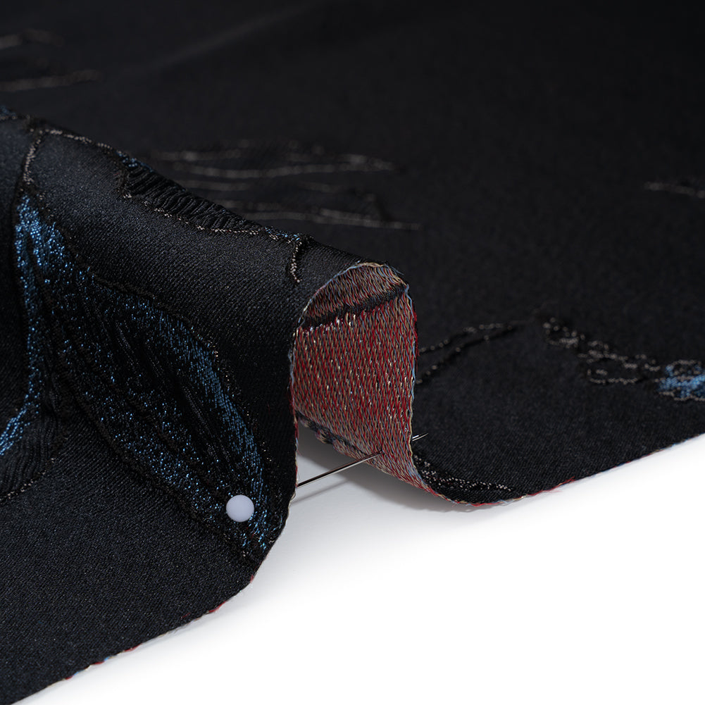 Metallic Rayon and Polyester Brocade Panel - Black, Orange and Blue Flower Bunches Detail