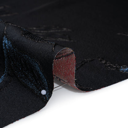 Metallic Rayon and Polyester Brocade Panel - Black, Orange and Blue Flower Bunches Detail