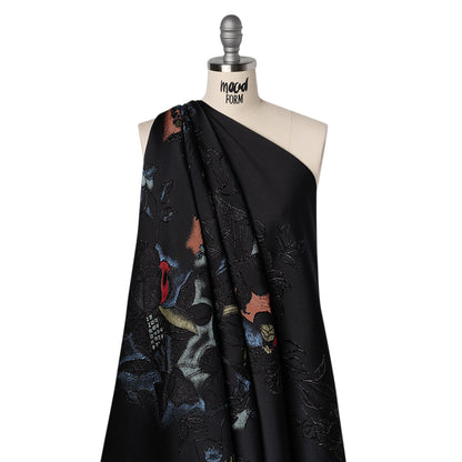 Metallic Rayon and Polyester Brocade Panel - Black, Orange and Blue Flower Bunches Drape
