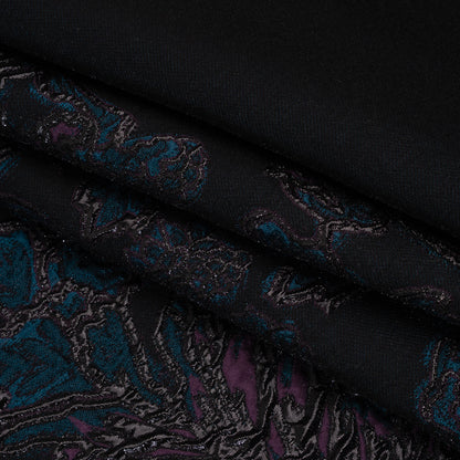 Metallic Polyester Blend Brocade - Dark Teal, Plum and Black Fancy Flowers Folded