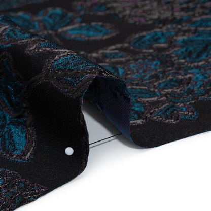 Metallic Polyester Blend Brocade - Dark Teal, Plum and Black Fancy Flowers Detail