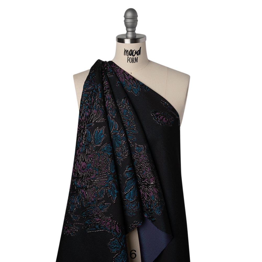Metallic Polyester Blend Brocade - Dark Teal, Plum and Black Fancy Flowers Drape