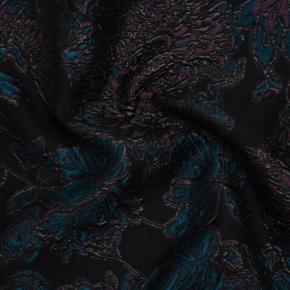 Metallic Polyester Blend Brocade - Dark Teal, Plum and Black Fancy Flowers