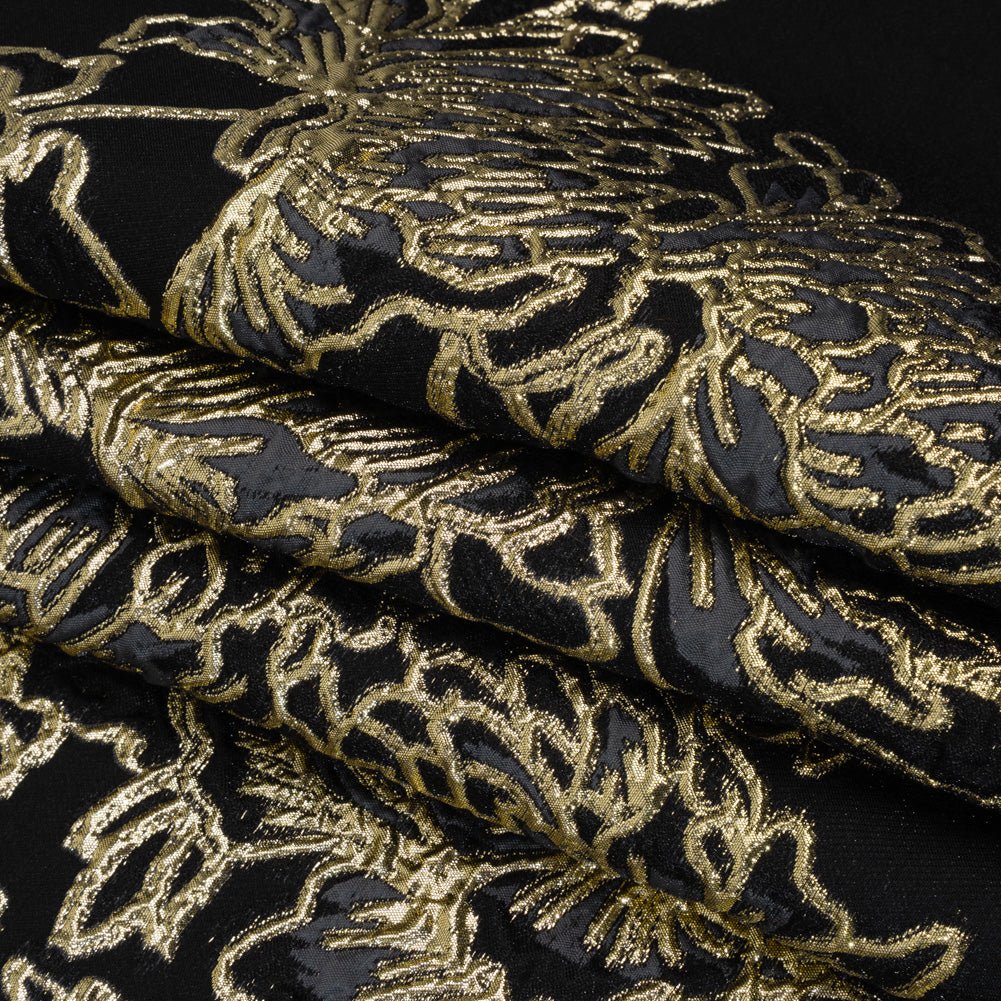 Metallic Polyester Blend Brocade - Black, Charcoal and Gold Fancy Flowers - Folded