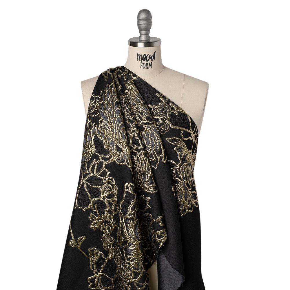 Metallic Polyester Blend Brocade - Black, Charcoal and Gold Fancy Flowers - Drape