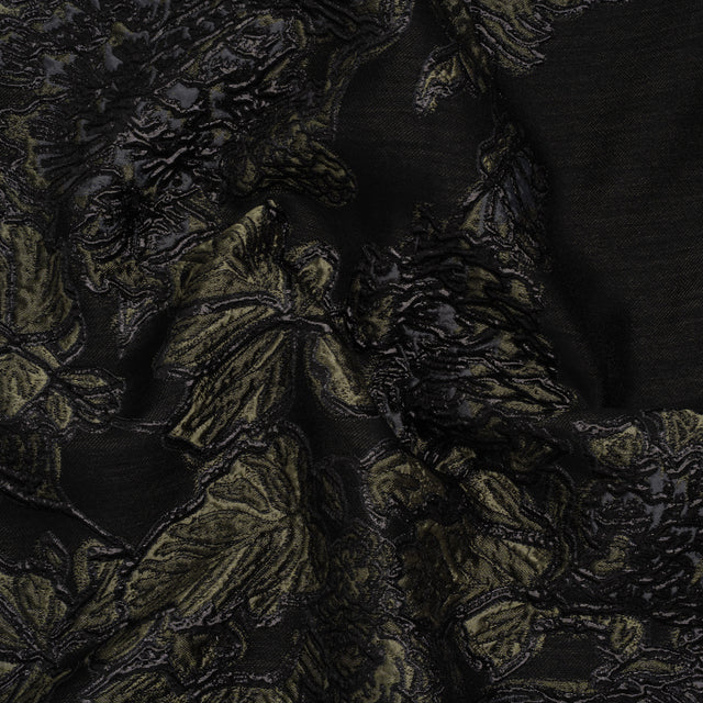 Metallic Polyester Blend Brocade - Olive Green, Black and Gray Fancy Flowers