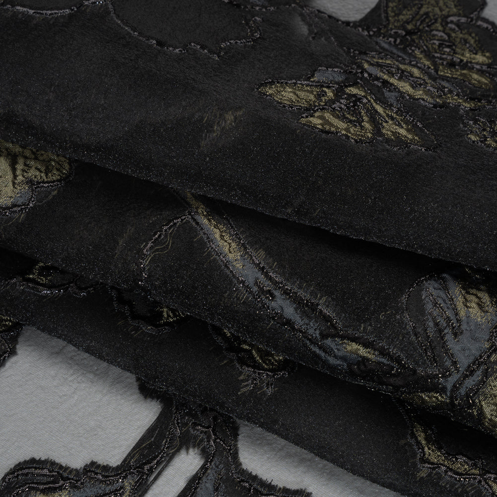 Metallic Polyester and Acetate Burnout Brocade - Olive Green and Black Rose Garden - Folded