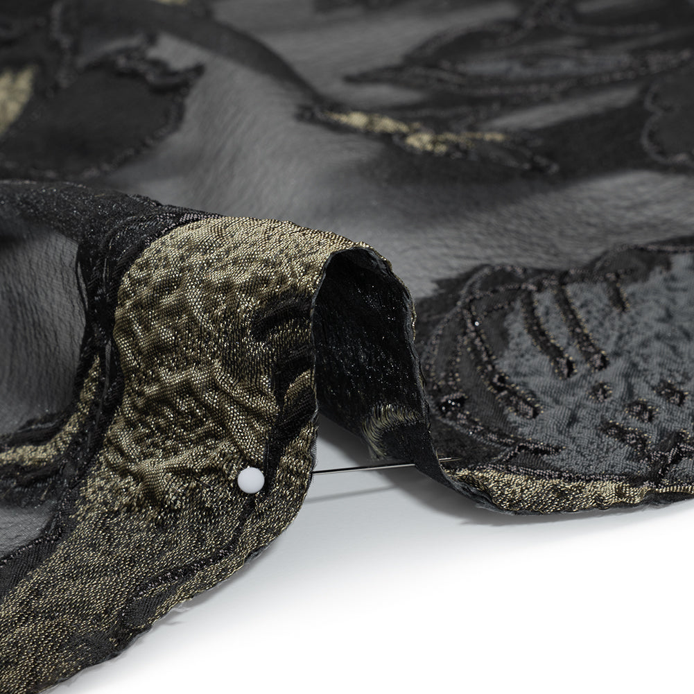 Metallic Polyester and Acetate Burnout Brocade - Olive Green and Black Rose Garden - Detail
