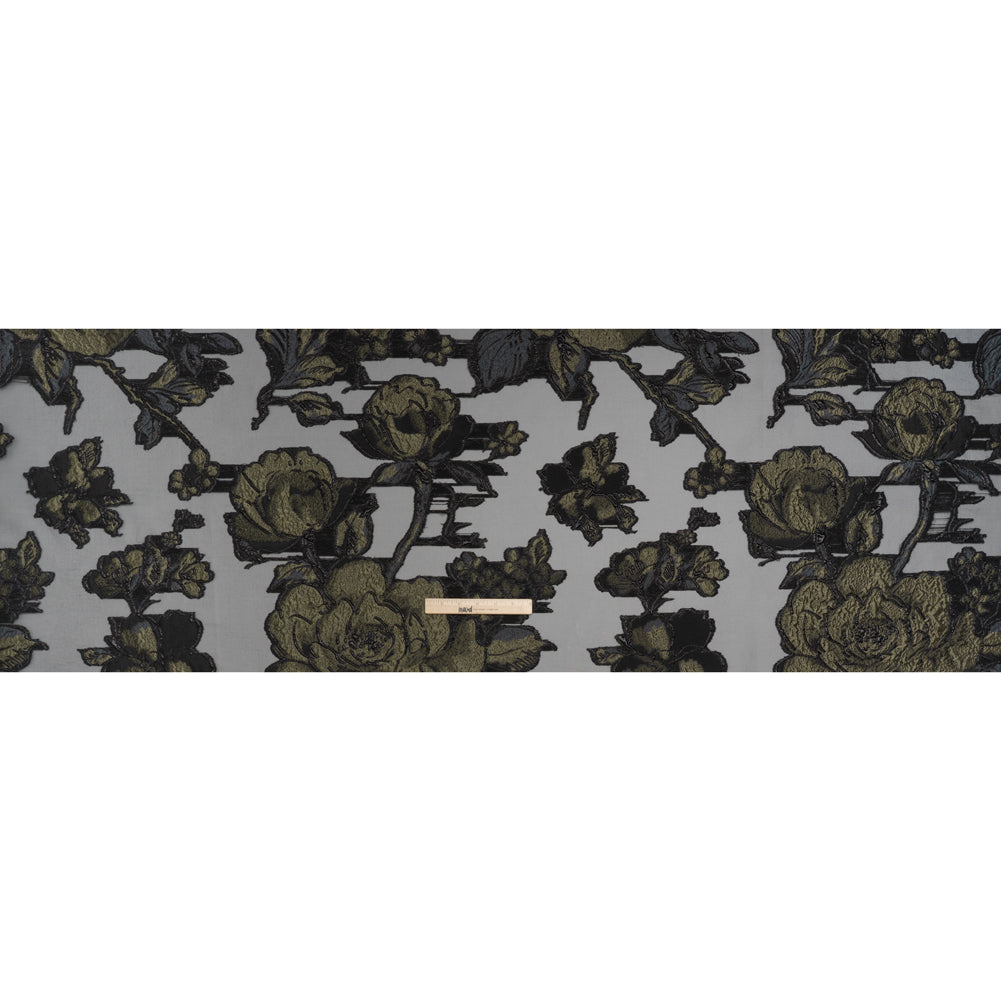 Metallic Polyester and Acetate Burnout Brocade - Olive Green and Black Rose Garden - Full