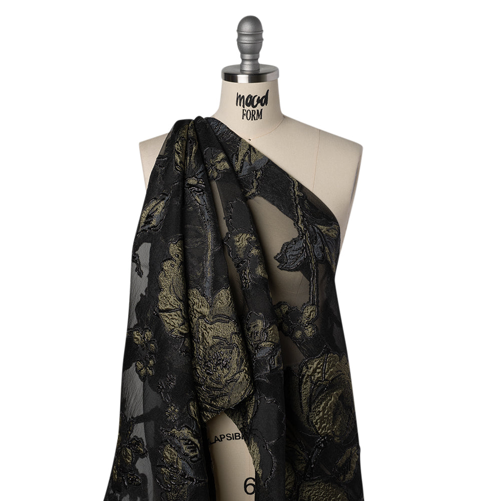 Metallic Polyester and Acetate Burnout Brocade - Olive Green and Black Rose Garden - Drape