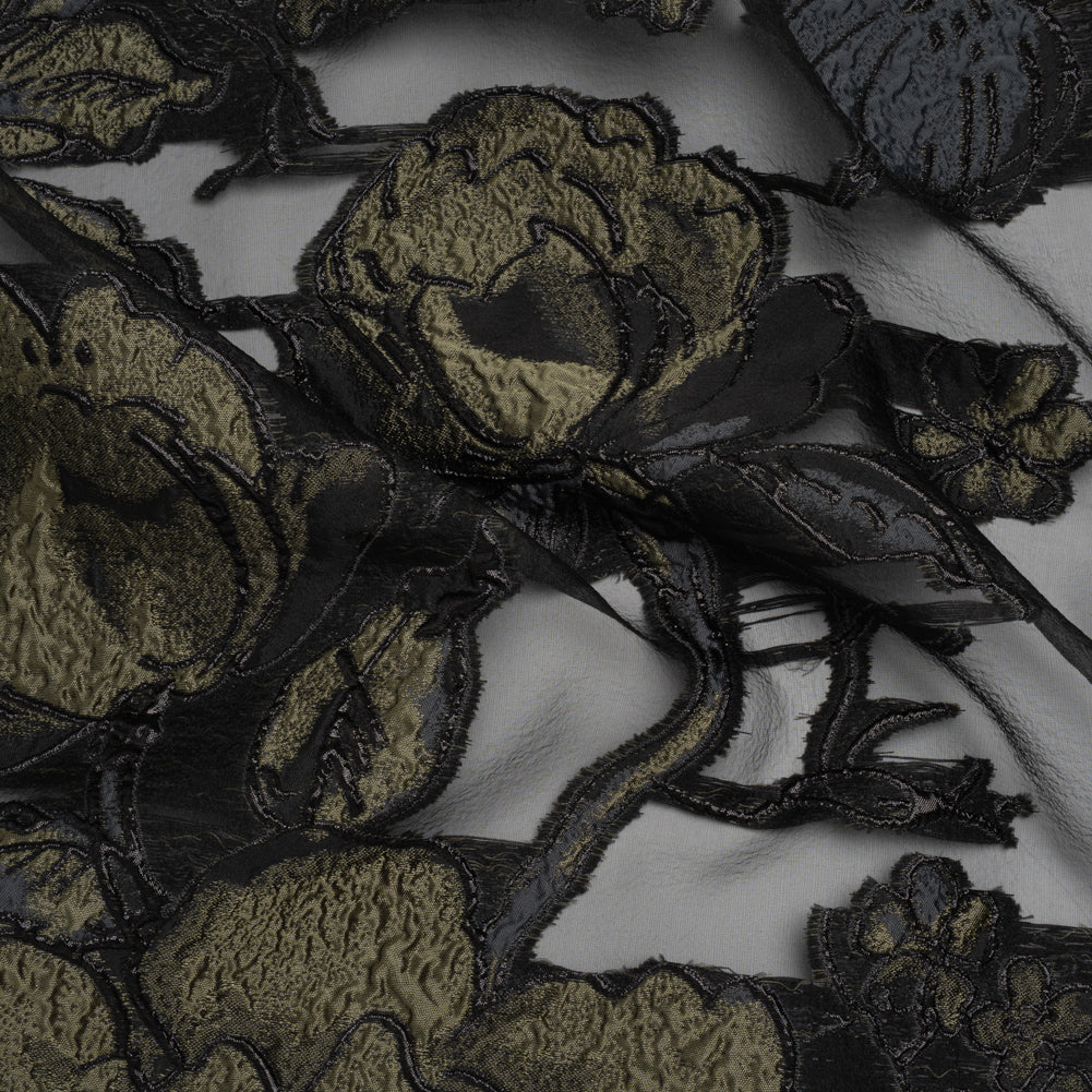 Metallic Polyester and Acetate Burnout Brocade - Olive Green and Black Rose Garden