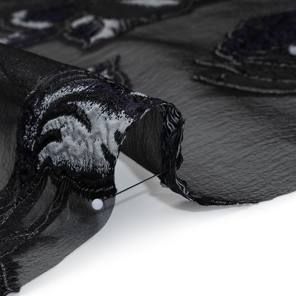 Metallic Polyester and Acetate Burnout Brocade - Light Gray, Midnight Navy and Black Rose Garden Detail