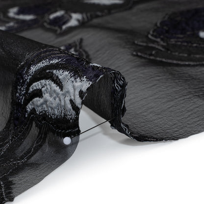Metallic Polyester and Acetate Burnout Brocade - Light Gray, Midnight Navy and Black Rose Garden Detail