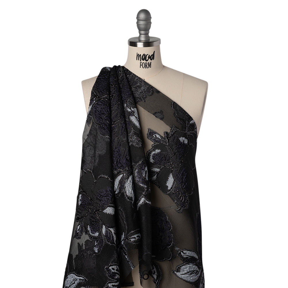 Metallic Polyester and Acetate Burnout Brocade - Light Gray, Midnight Navy and Black Rose Garden Drape