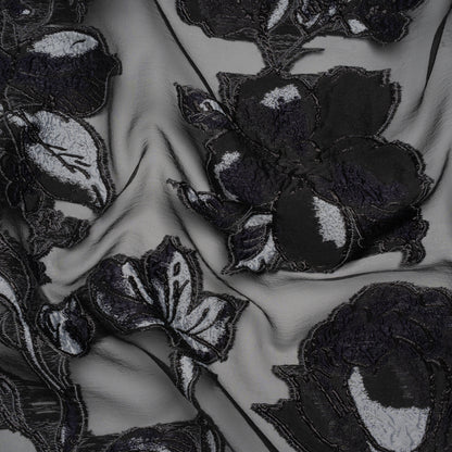 Metallic Polyester and Acetate Burnout Brocade - Light Gray, Midnight Navy and Black Rose Garden
