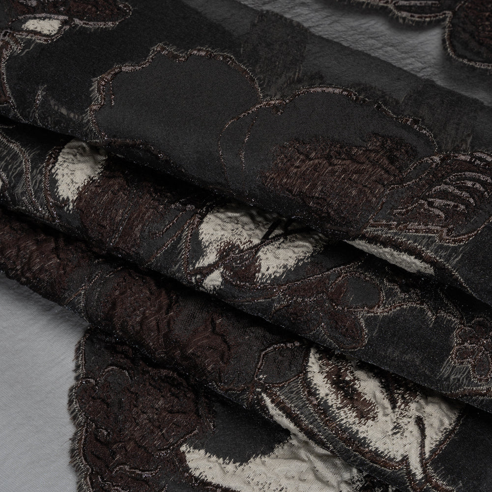 Metallic Polyester and Acetate Burnout Brocade - Beige, Dark Brown and Black Rose Garden Folded