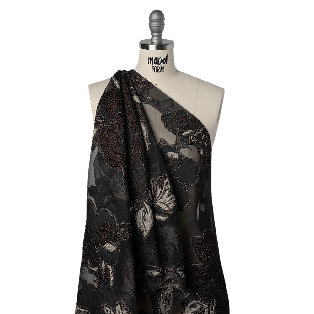 Metallic Polyester and Acetate Burnout Brocade - Beige, Dark Brown and Black Rose Garden Drape