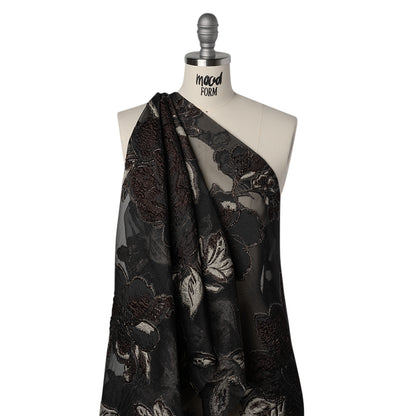 Metallic Polyester and Acetate Burnout Brocade - Beige, Dark Brown and Black Rose Garden Drape