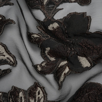 Metallic Polyester and Acetate Burnout Brocade - Beige, Dark Brown and Black Rose Garden