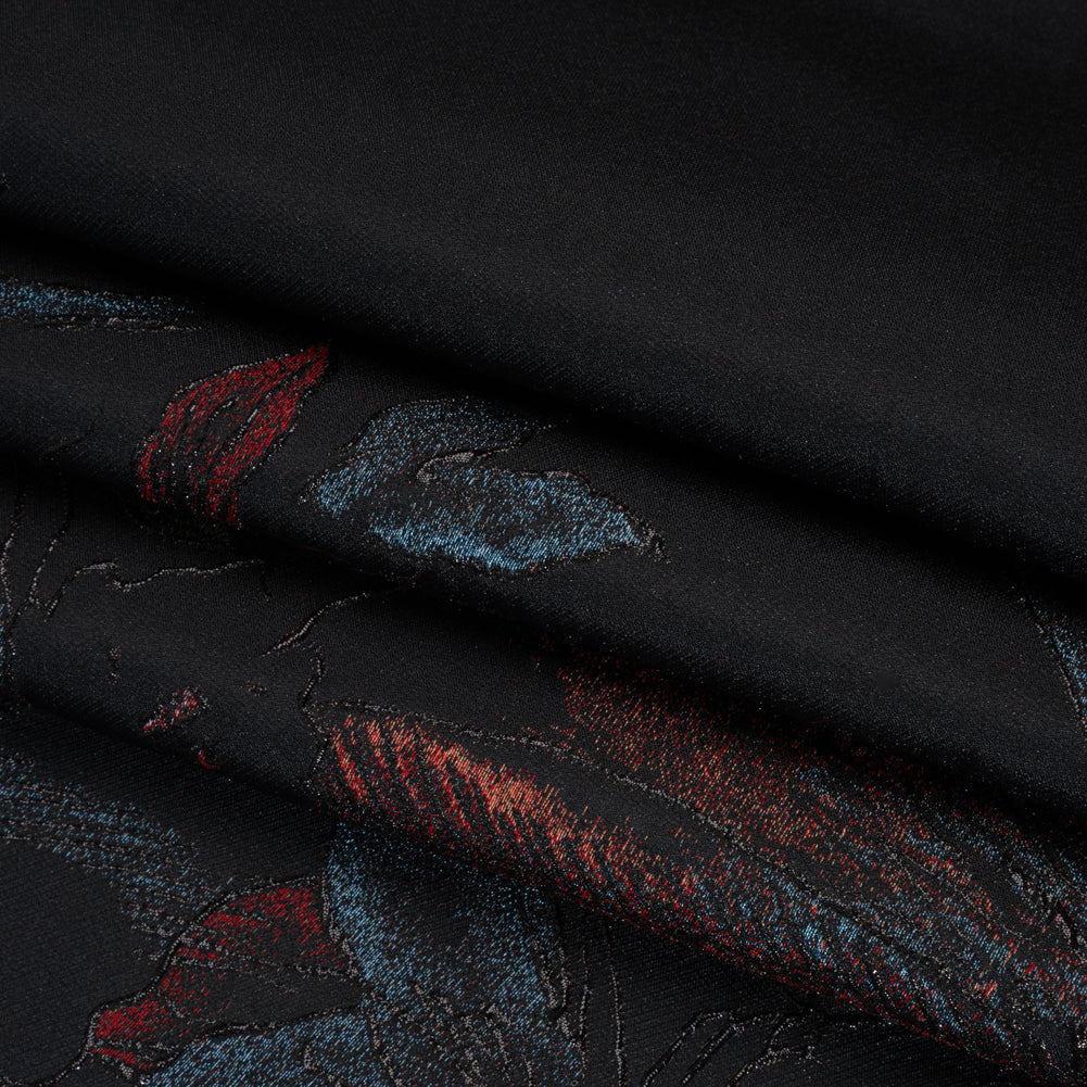Metallic Acetate and Polyester Brocade - Black, Red and Mint Green Delicate Flowers