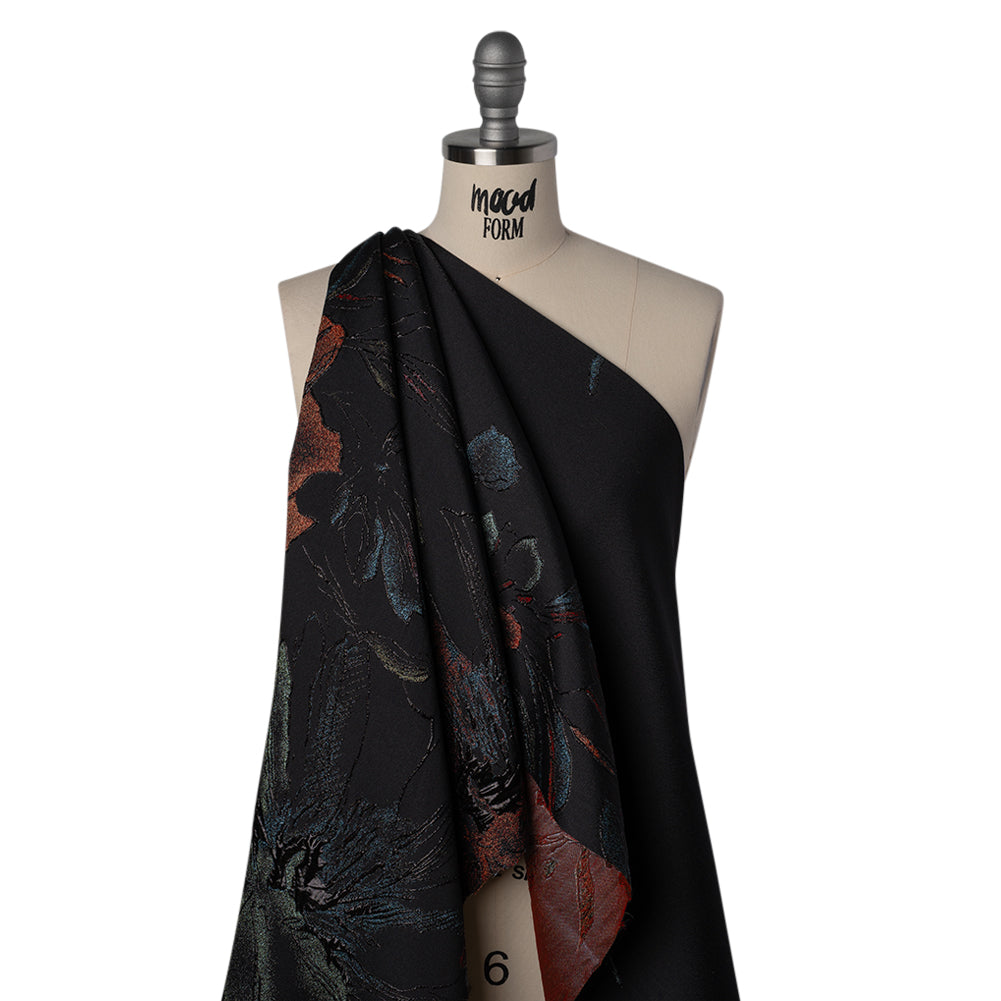 Metallic Acetate and Polyester Brocade - Black, Red and Mint Green Delicate Flowers