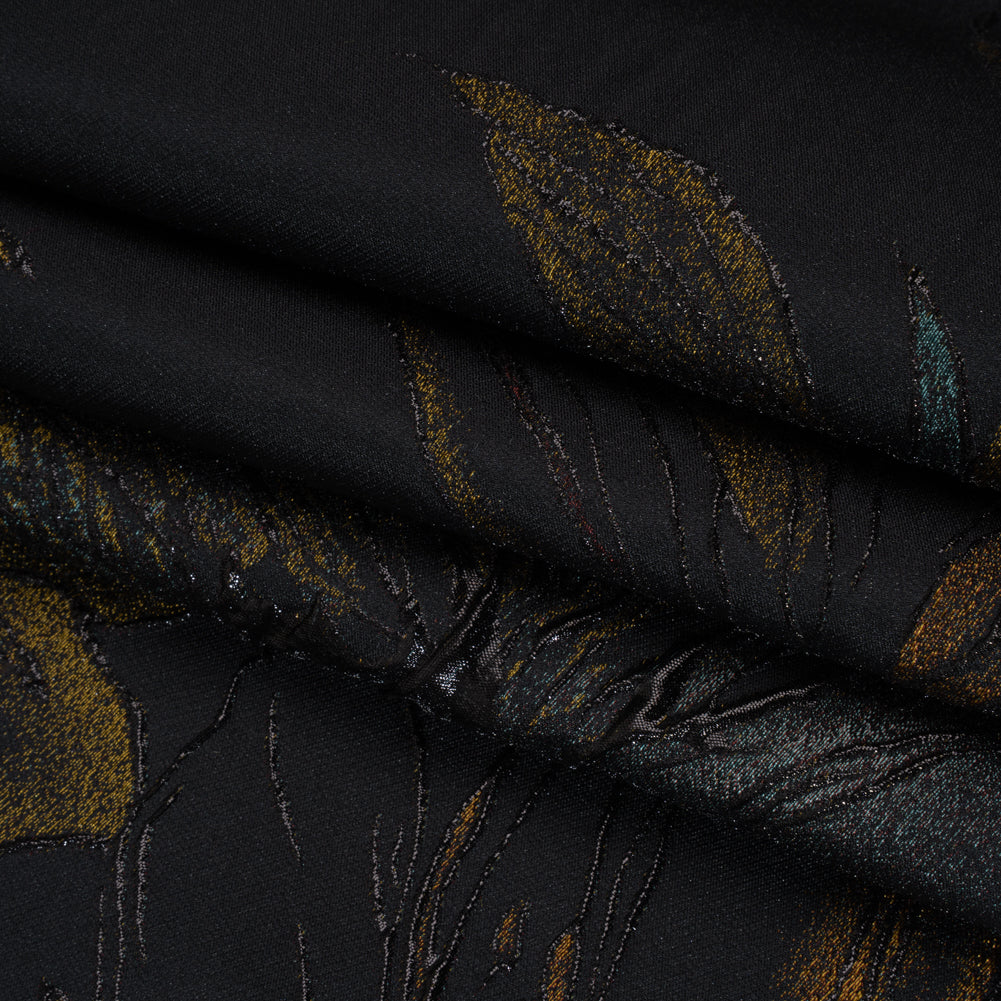 Metallic Acetate and Polyester Brocade - Black, Golden Yellow and Aqua Blue Delicate Flowers