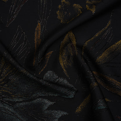 Metallic Acetate and Polyester Brocade - Black, Golden Yellow and Aqua Blue Delicate Flowers
