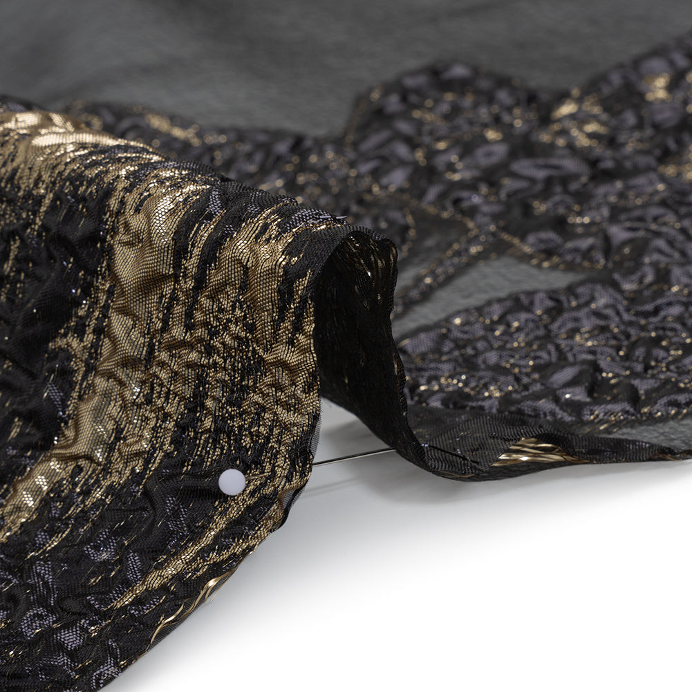 Metallic Polyester Burnout Brocade - Black and Gold Rose Border