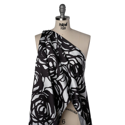 Polyester Mikado Twill Made in Italy - Black and White Ink Brush Roses