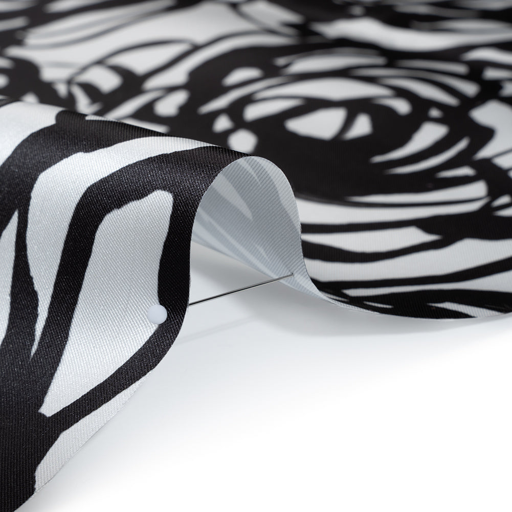 Polyester Mikado Twill Made in Italy - Black and White Ink Brush Roses
