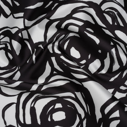 Polyester Mikado Twill Made in Italy - Black and White Ink Brush Roses