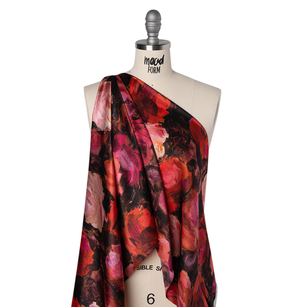 Silk Charmeuse Print 16MM, Made in Italy - Red, Pink and Brown Painted Roses - Folded