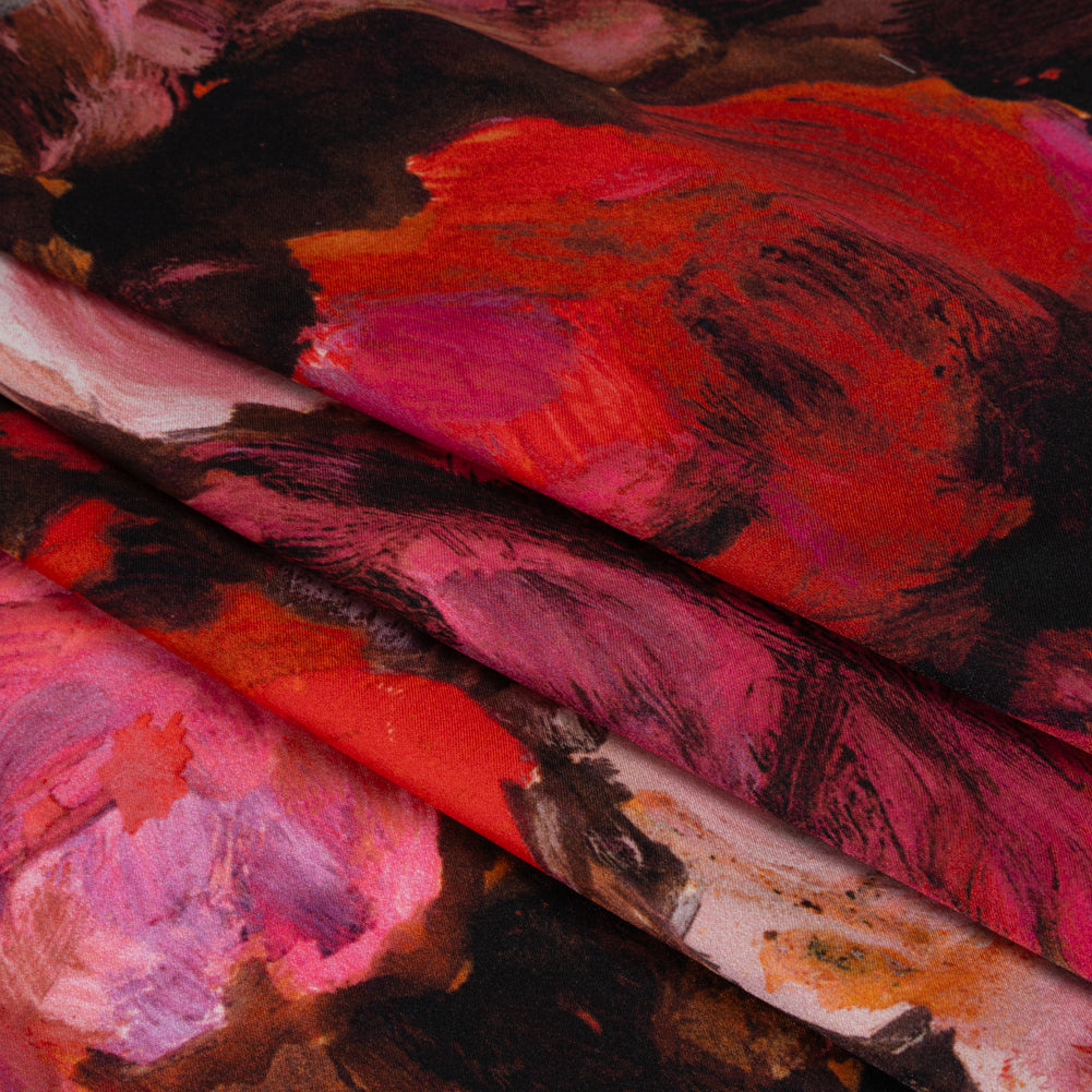 Silk Charmeuse Print 16MM, Made in Italy - Red, Pink and Brown Painted Roses - Detail