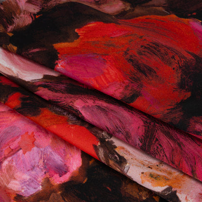 Silk Charmeuse Print 16MM, Made in Italy - Red, Pink and Brown Painted Roses