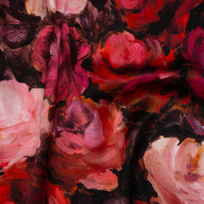 Silk Charmeuse Print 16MM, Made in Italy - Red, Pink and Brown Painted Roses
