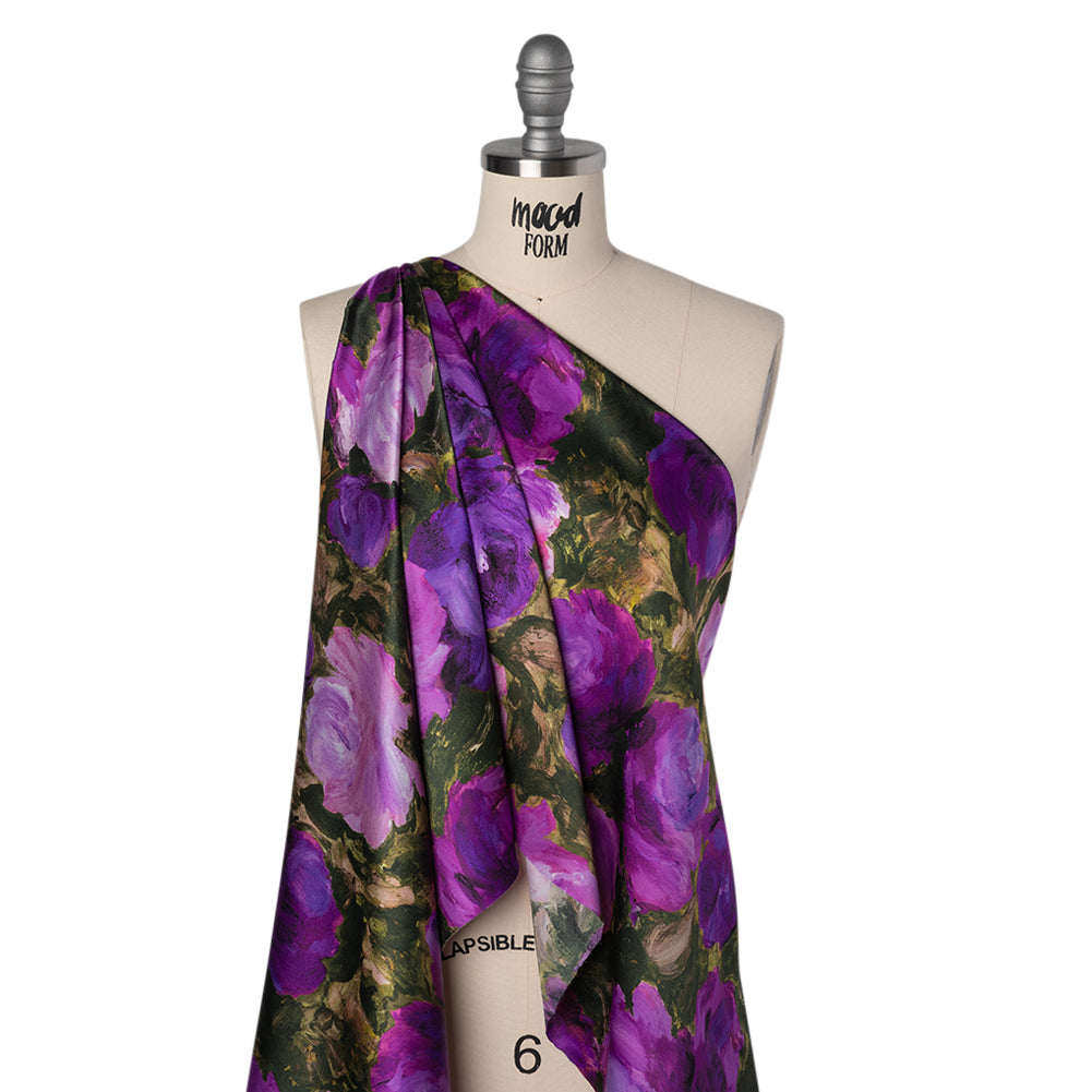 Silk Charmeuse Print 16MM, Made in Italy - Forest Green and Royal Purple Painted Roses Folded