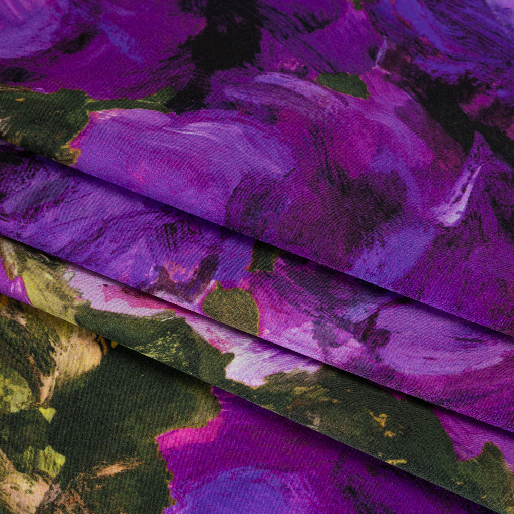 Silk Charmeuse Print 16MM, Made in Italy - Forest Green and Royal Purple Painted Roses Detail