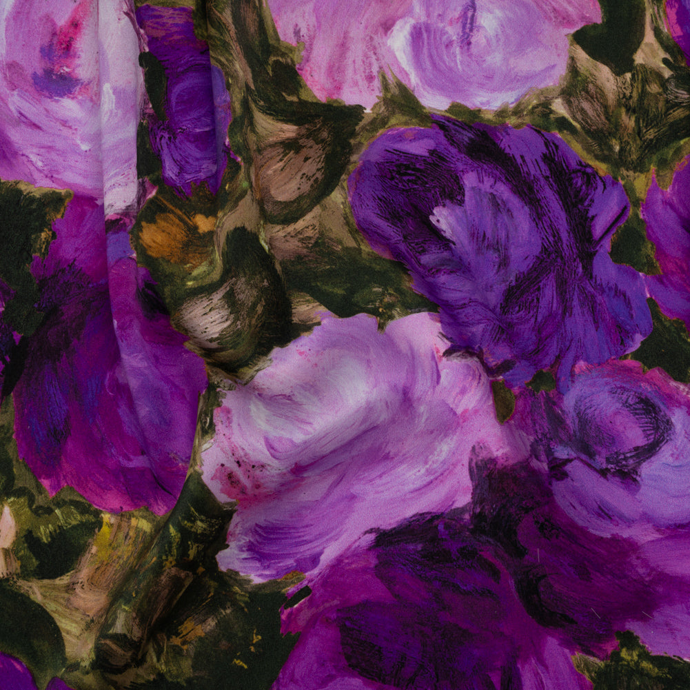 Silk Charmeuse Print 16MM, Made in Italy - Forest Green and Royal Purple Painted Roses Drape