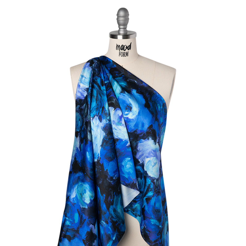 Silk Charmeuse Print 16MM, Made in Italy - Sky Blue, Phthalo and Navy Painted Roses - Folded