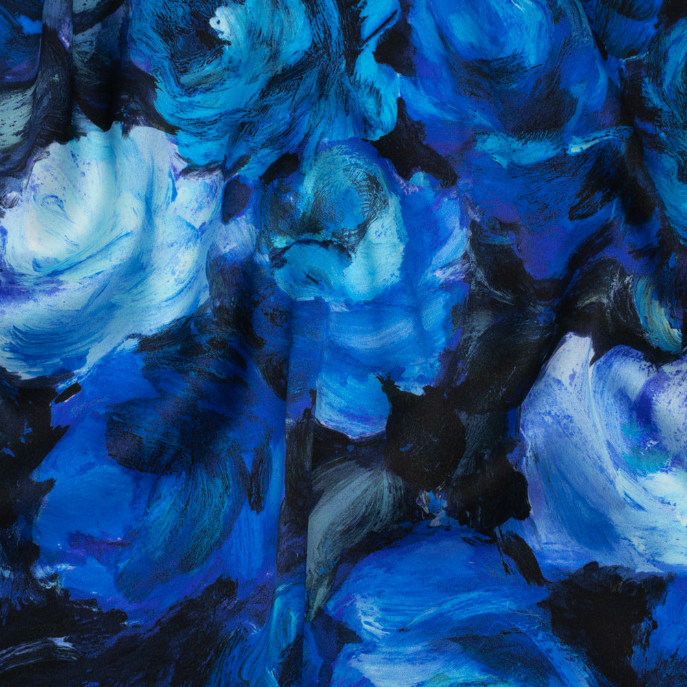 Silk Charmeuse Print 16MM, Made in Italy - Sky Blue, Phthalo and Navy Painted Roses - Drape