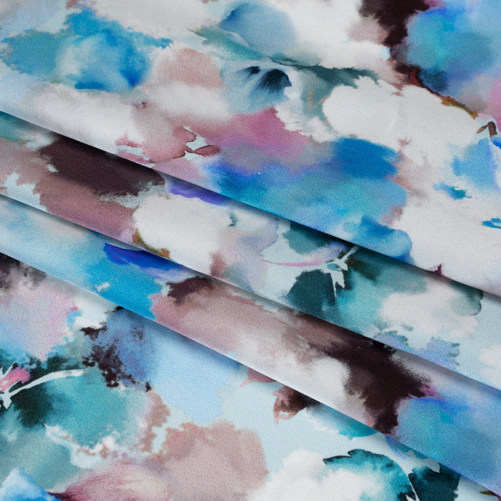 Silk Charmeuse Print 16MM, Made in Italy - Blue, Teal and Brown Abstracted Watercolor Flowers - Folded