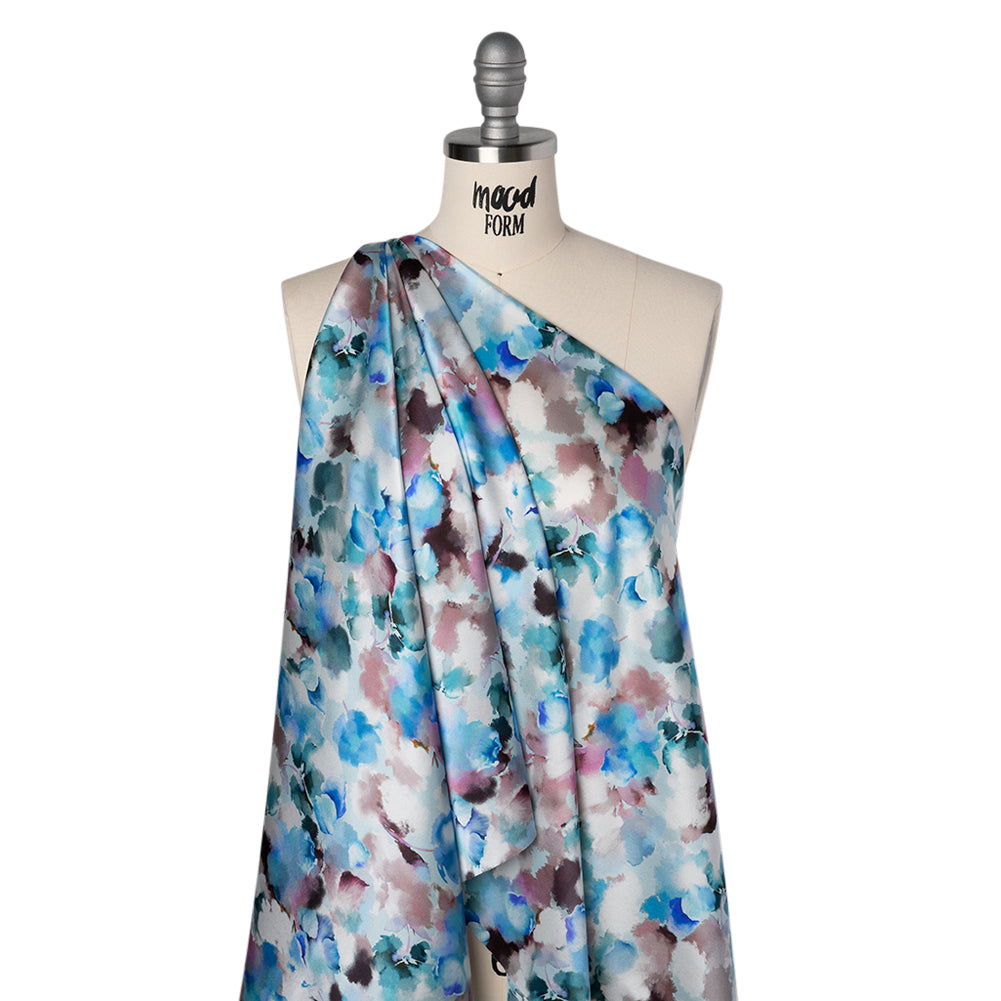 Silk Charmeuse Print 16MM, Made in Italy - Blue, Teal and Brown Abstracted Watercolor Flowers - Drape