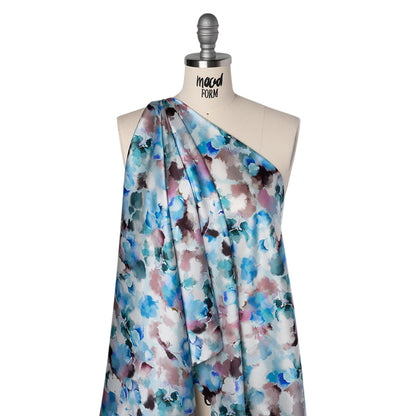 Silk Charmeuse Print 16MM, Made in Italy - Blue, Teal and Brown Abstracted Watercolor Flowers