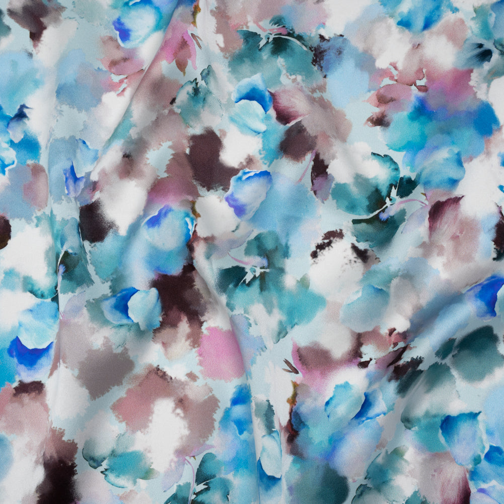 Silk Charmeuse Print 16MM, Made in Italy - Blue, Teal and Brown Abstracted Watercolor Flowers